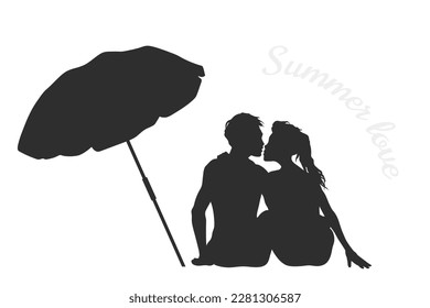 Una pareja de besándose en la playa. Silueta negra. Fecha romántica bajo un paraguas. Escena de amor de verano. Beso de un hombre sentado y una chica. Ilustración del vector