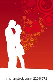 Kissing couple on heart shaped red background.