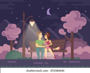 Kissing couple on a Park bench at night flat vector illustration