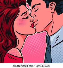 Kissing couple on a pink background. Valentine's day concept. Pop art vector comic illustration.