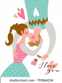 Kissing couple on the polka dot background. Valentine's Day card. Cute couple in love. Vector illustration in hand drawn style.