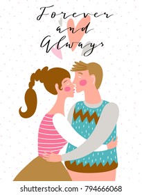 Kissing couple on the polka dot background. Valentine's Day card. Cute couple in love. Vector illustration in hand drawn style.