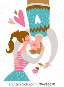 Kissing couple on the polka dot background. Valentine's Day card. Cute couple in love. Vector illustration in hand drawn style.