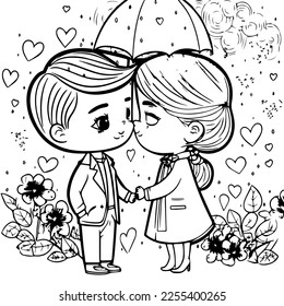 kissing couple on valentine's day in cartoon black and white style for coloring. Vector illustration