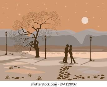 kissing couple in the park at night