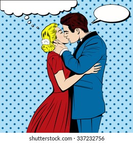 Kissing couple in the pop art comics style. Vector EPS10 illustration. 