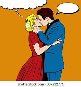 Kissing couple in the pop art comics style. Vector EPS10 illustration. 
