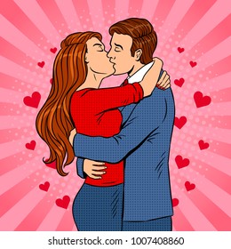 Kissing couple pop art retro vector illustration. Color background. Comic book style imitation.