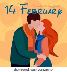 Kissing couple. Postcard for February 14. Loving couple, relationship. Vector illustration