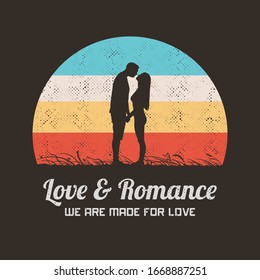 Kissing couple. Retro illustration with silhouette of lovers.Romantic vector background for prints, t-shirts