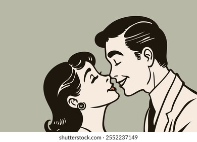 Kissing couple in retro style. Vector illustration. Happy Valentine's Day! Love and flirt concept.