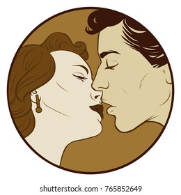 Kissing couple in sepia color. Love Pop Art illustration of Kissing Couple.Pop Art love. Valentines day postcard.People in retro style pop art and vintage advertising. Kissing couple.