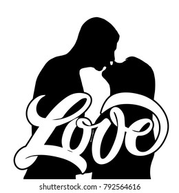 Kissing couple silhouette with hand drawn lettering “love”. Isolated. Vector Valentine’s Day art. For love confession card, greeting card, banner, logo, icon, label, t-shirt print, poster.