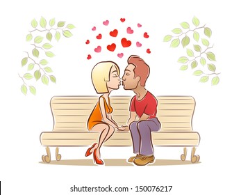 Kissing Couple. Young couple face to face sitting on park bench and funny kissing. Illustration in cartoon style on white background