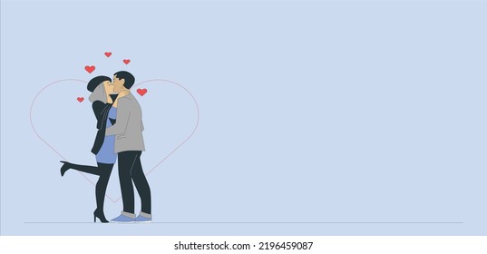 Kissing couple of young lowers and heart. Couples facing each other. Couple kissing, boyfriend hugging his girlfriend. vector design illustrations. Kiss, love, romantic dating concept.