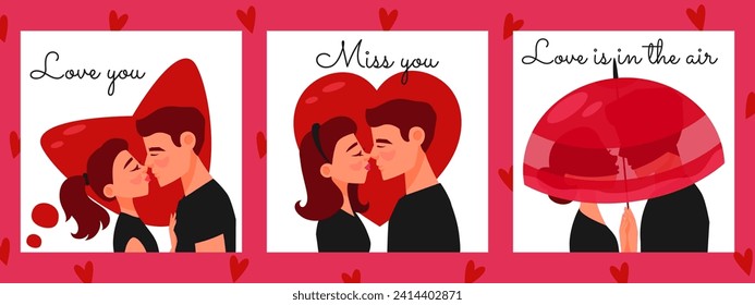 Kissing couple.Valentine day illustration.Young woman and man kiss. Illustration with man and woman falling in love.Cartoon romantic couple kissing cards.Cute illustration with red heart and umbrella