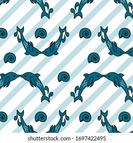 kissing dolphins and nautilus shells on diagonal lines back ground 