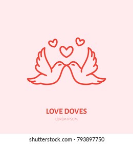 Kissing Doves Illustration. Two Flying Birds In Love Flat Line Icon, Romantic Relationship. Valentines Day Greeting Sign.