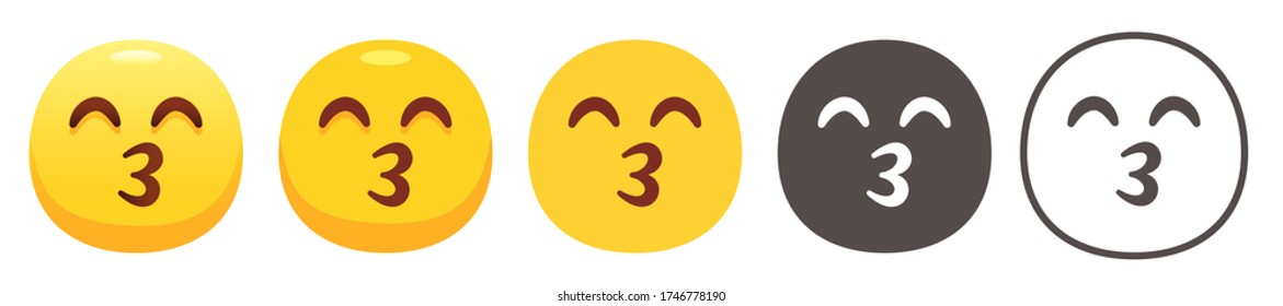 Kissing emoji with smiling eyes. Whistling or kiss emoticon flat vector icon set