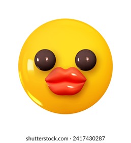 Kissing Face Emoji Red Lips. Emotion 3d cartoon icon. Yellow round emoticon. Vector illustration