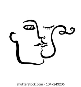 Kissing faces line ink portrait . Art vector illustration.