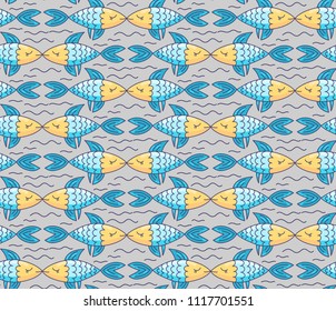 kissing fish and waves colorful cute doodle seamless vector pattern