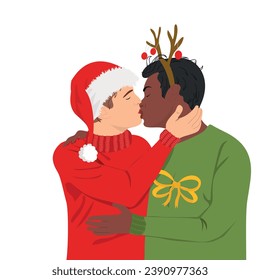 Kissing gay couple. Man falling in love. Merry Christmas vector illustration