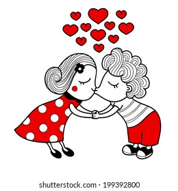 Kissing girl and boy isolated on white background. Valentine lovers. Kissing couple. Vector illustration of a cute kiss
