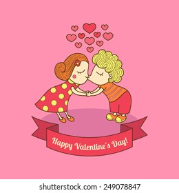Kissing girl and boy. Valentine lovers. Vector illustration of a cute kissing couple. 