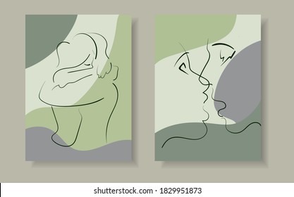 Kissing girl and guy, hugging couple one line. Poster covers. Minimal bodies one line drawing set.