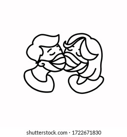 Kissing guy and girl in medical masks. Love during quarantine. Wedding, date, kiss. Linear freehand doodle style. For printing on fabric and paper, icon and logo. Isolated on white. Vector