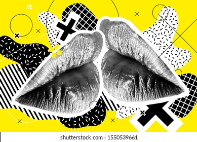 Kissing Halftone Woman Lips On Bright Background. Vector Collage With Universal Graphic Elements, Geometric Shapes, Dotted Object For Your Design