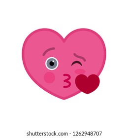 Kissing heart shaped funny emoticon icon. Sweetheart pink emoji symbol. Social communication and online chatting vector element. Enamored face showing facial emotion. Valentine's day mascot.