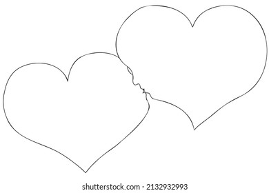 Kissing hearts outline vector illustration. Line art abstract romantic illustration of kissing hearts with black thin line isolated on white background.