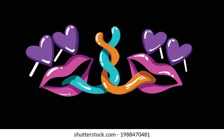 Kissing hearts with tongues entwined pop art cartoon solo vector illustration for pride month gay and queer art in a psychedelic cartoon pop style with neon colors for decorations signs apparel