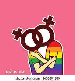 Kissing Lesbian Love Figures Stylized Of Couples In Love. Celebrate LGBTQ Pride Month Vector Illustration - Vector