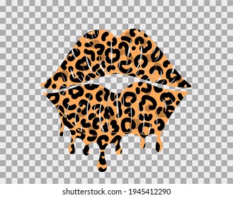 Kissing lips with leopard print isolated on a transparent background for poster or banner. Vector illustration. 