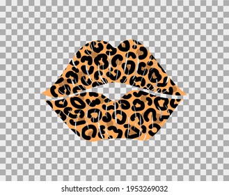 Kissing lips with leopard print isolated on a transparent background for poster or banner. Vector illustration. 