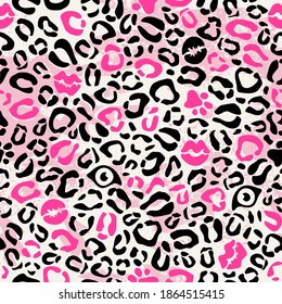 Kissing lips print on leopard skin seamless pattern. Animal glamorous background 