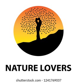 kissing love couple become beautiful tree, logo template. grow,  healing, connection with earth