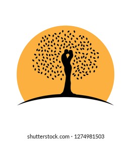kissing love couple become beautiful tree, logo icon. grow,  healing, connection with earth