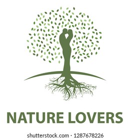 kissing love couple become beautiful tree, logo. grow,  healing, connection with earth