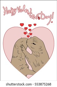 kissing marmots in big heart frame with several smaller hearts and Valentines Day wishes