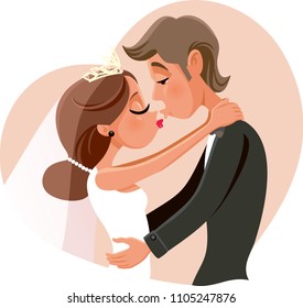 Kissing Married Couple Wedding Invitation Illustration. Cute husband and wife sharing a kiss and dancing
