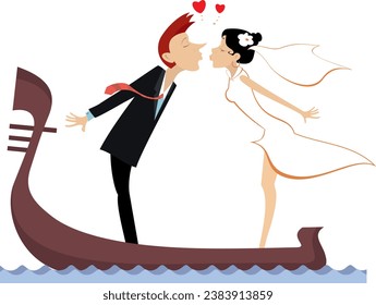 Kissing married wedding couple on gondola. 
Kissing happy man and woman in the white dress and wedding veil ride on gondola. Heart symbol. Isolated on white background
