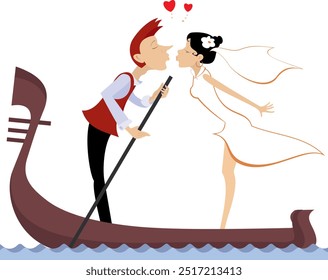 Kissing married wedding couple on gondola. 
Kissing happy man and woman in the white dress and wedding veil ride on gondola. Falling in love. Isolated on white background
