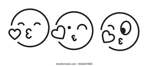 kissing mouth icon, emoticon face blowing a kiss icon, with heart illustration, editable stroke, flat design style isolated on white