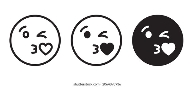 kissing mouth icon, emoticon face blowing a kiss icon, with heart illustration, editable stroke, flat design style isolated on white svg