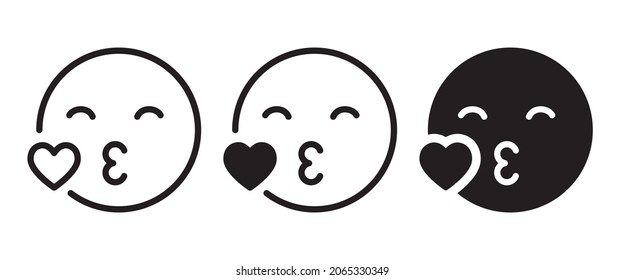 kissing mouth icon, emoticon face blowing a kiss icon, with heart illustration, editable stroke, flat design style isolated on white
