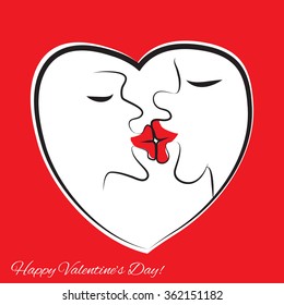 Kissing people. Frame in the form of heart. Big lips, funny vector illustration.